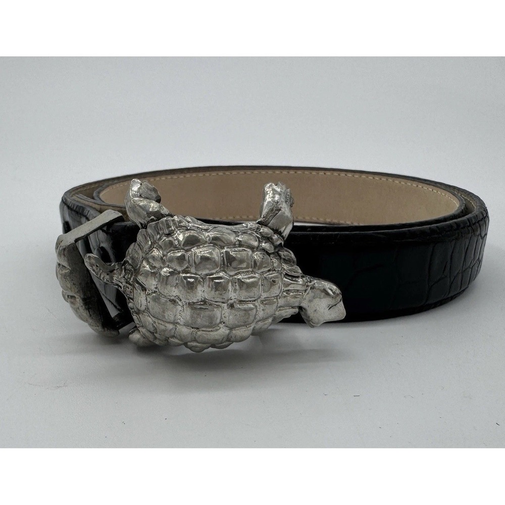 VTG Leatherrock XL‎ Black Croc Embossed Belt Hartnell Turtle Buckle Leather